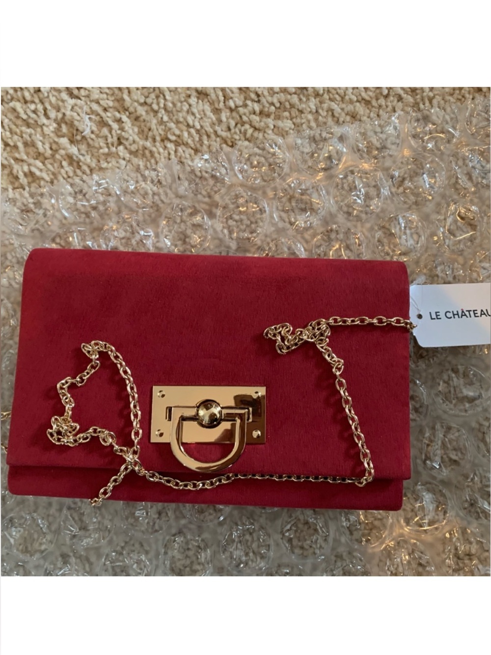 New Le Chateau Red Suede Gold Chain Crossbody Purse
